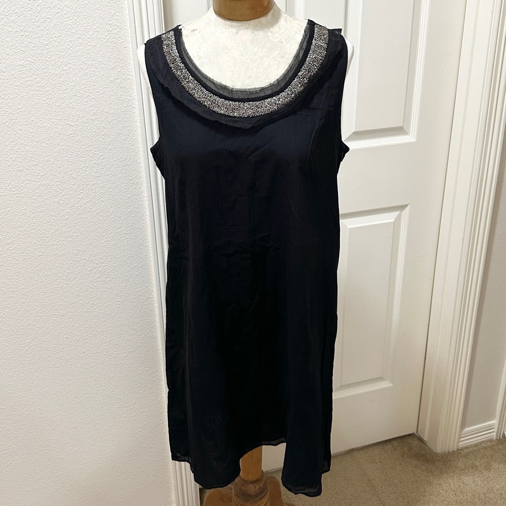 Miguelina Black Sleeveless Cotton Dress w/Tulle and Silver Beaded Neckline - L